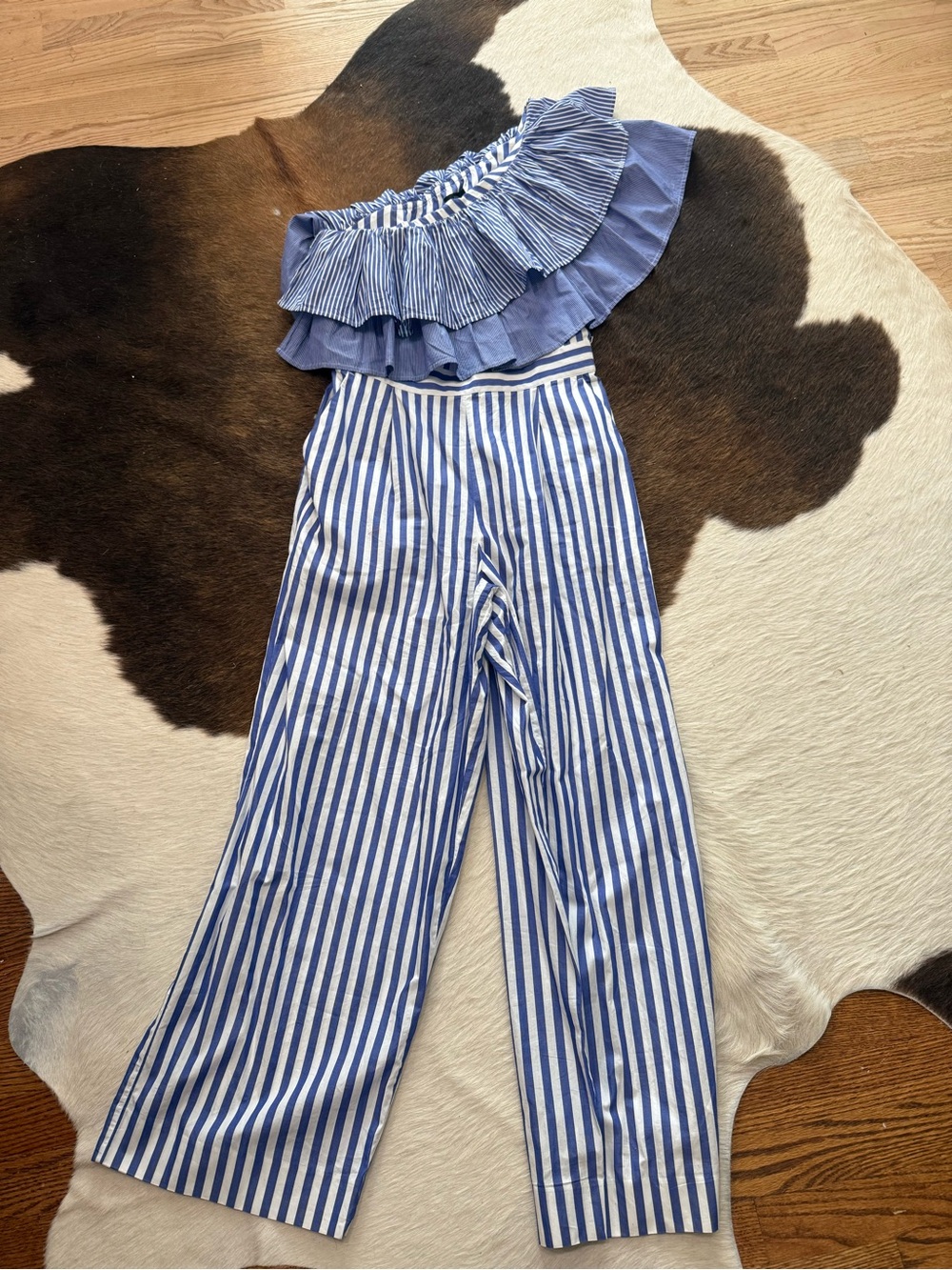 J. Crew Blue and White Striped Off-Shoulder Wide-Leg Jumpsuit with Ruffle